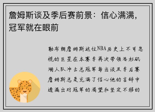 詹姆斯谈及季后赛前景：信心满满，冠军就在眼前