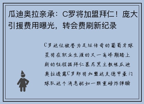 瓜迪奥拉亲承：C罗将加盟拜仁！庞大引援费用曝光，转会费刷新纪录